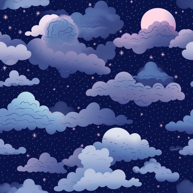 Es gibt viele Wolken, die am Himmel mit einem Mond generativen ai