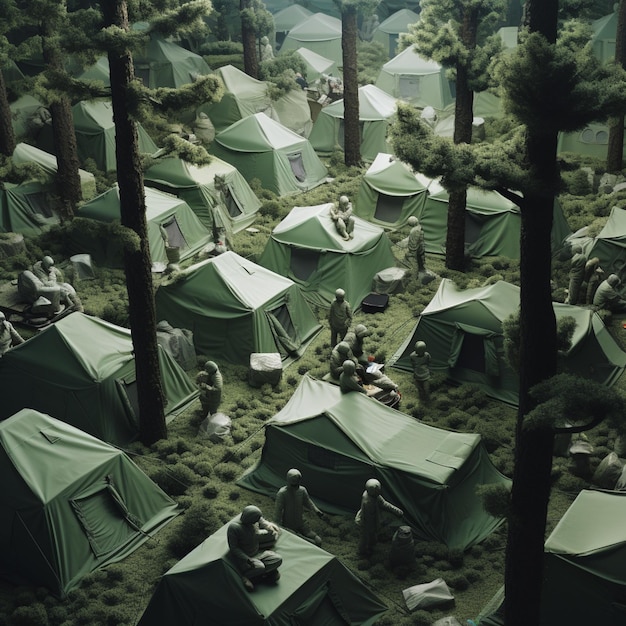 Es gibt viele Zelte im Wald, auf denen Menschen sitzen. Generative KI