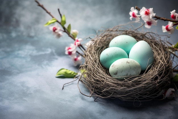 Es gibt vier Eier in einem Nest mit einem Zweig generativer Kirschblüten