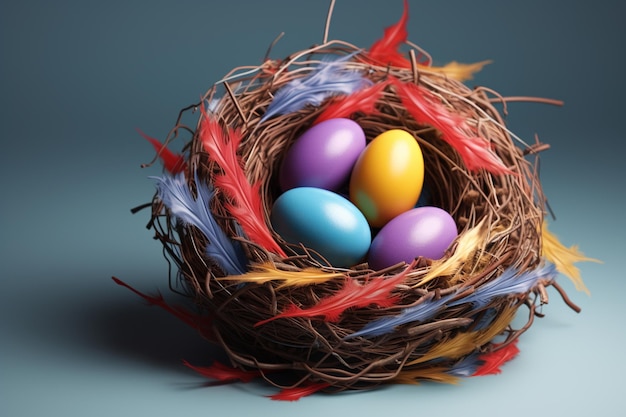 Es gibt vier Eier in einem Nest mit Federn auf blauem Hintergrund, generative KI
