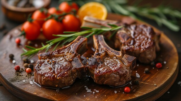 Es gibt vier Fleischstücke auf einem Holzteller mit Tomaten und Kräutern.