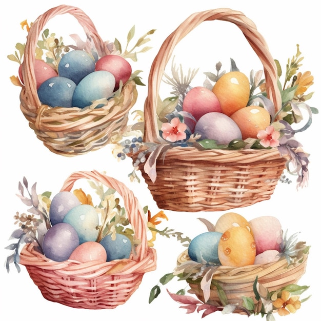 Es gibt vier Körbe mit unterschiedlich farbigen Eiern.