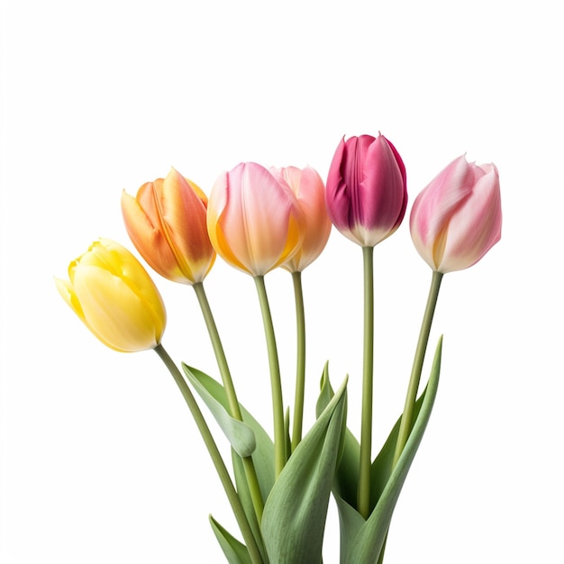 Es gibt vier unterschiedlich farbige Tulpen in einer Vase auf einem Tisch.
