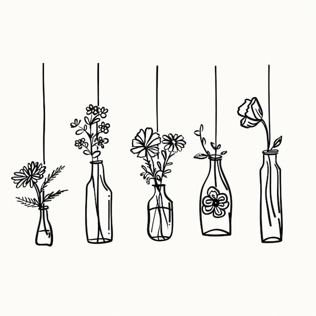 Es gibt vier Vasen mit Blumen, die an Schnüren hängen.