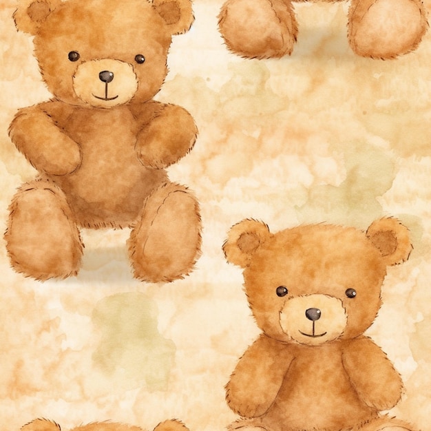 Es gibt vier verschiedene Bilder eines braunen Teddybären auf einem beige Hintergrund.