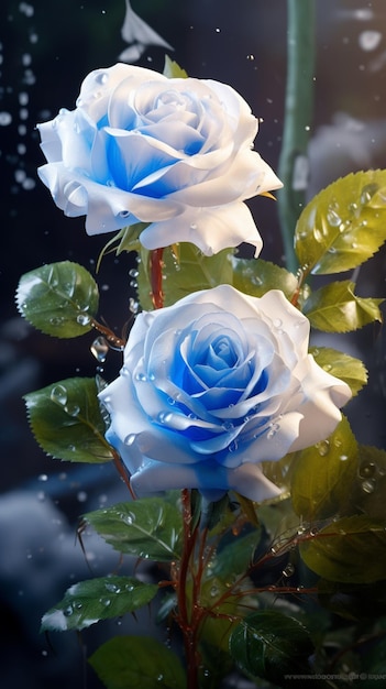 Es gibt zwei blaue Rosen mit Wassertropfen auf ihnen.