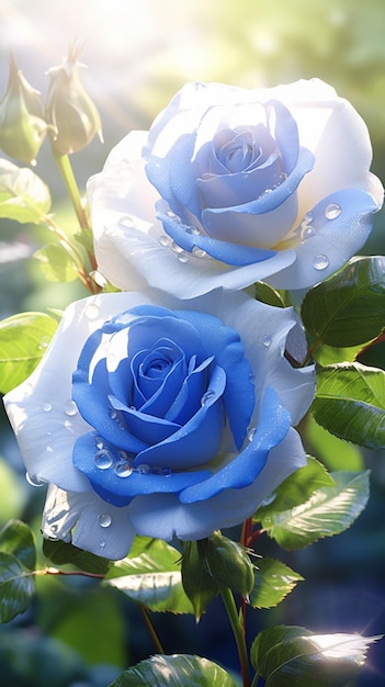 Es gibt zwei blaue Rosen mit Wassertropfen auf ihnen.