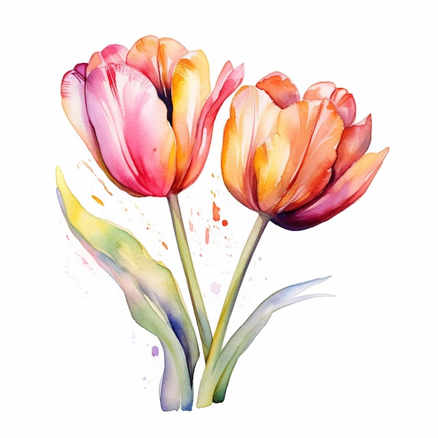 Es gibt zwei Blumen, die mit Aquarell auf einem weißen Hintergrund gemalt sind.