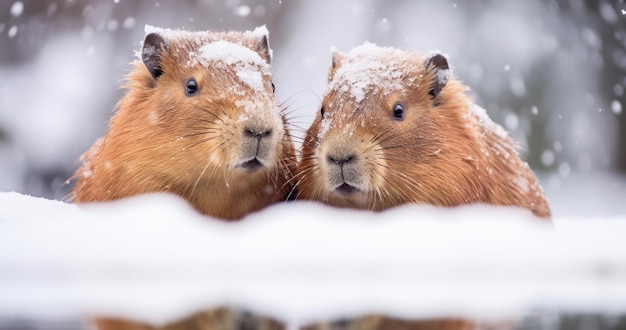 Es gibt zwei braune Tiere, die zusammen im Schnee stehen.