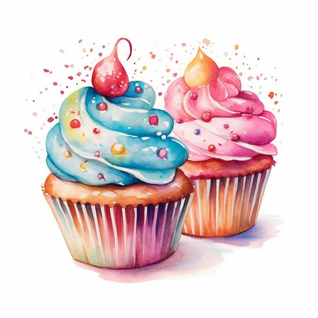 Es gibt zwei Cupcakes mit unterschiedlich farbiger Glasur auf ihnen generative ai
