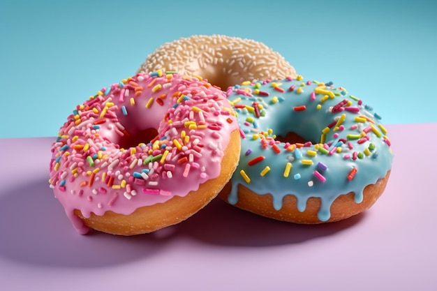 Es gibt zwei Donuts mit Sprinkles und farbiger Glasur auf ihnen generative ai