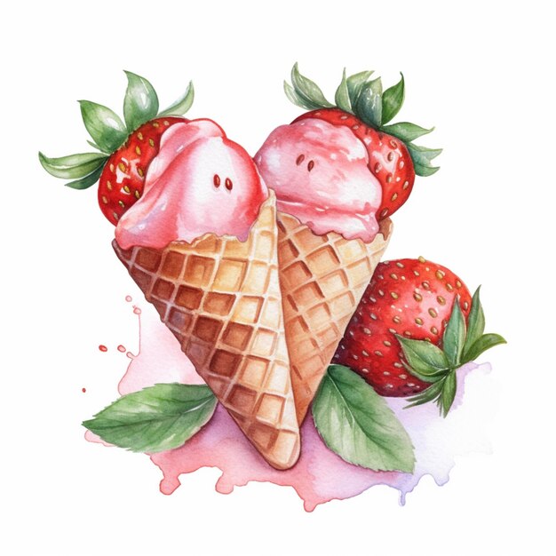 Es gibt zwei Eiscreme-Kegel mit Erdbeeren oben generative ai