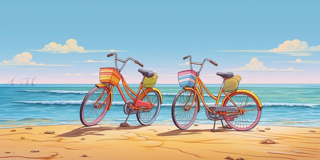 Es gibt zwei Fahrräder, die am Strand geparkt sind