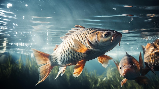 Foto es gibt zwei fische, die im wasser mit algen schwimmen.