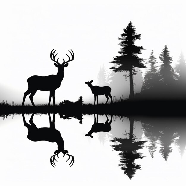 Es gibt zwei Hirsche, die vor einem See mit Bäumen stehen.