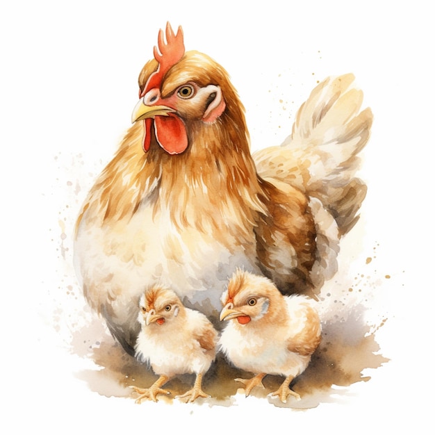 Es gibt zwei Hühner und ein Hühnerkind, die zusammen stehen.