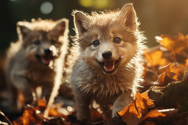 Es gibt zwei Hunde, die gemeinsam in den Blättern spazieren gehen, generative KI