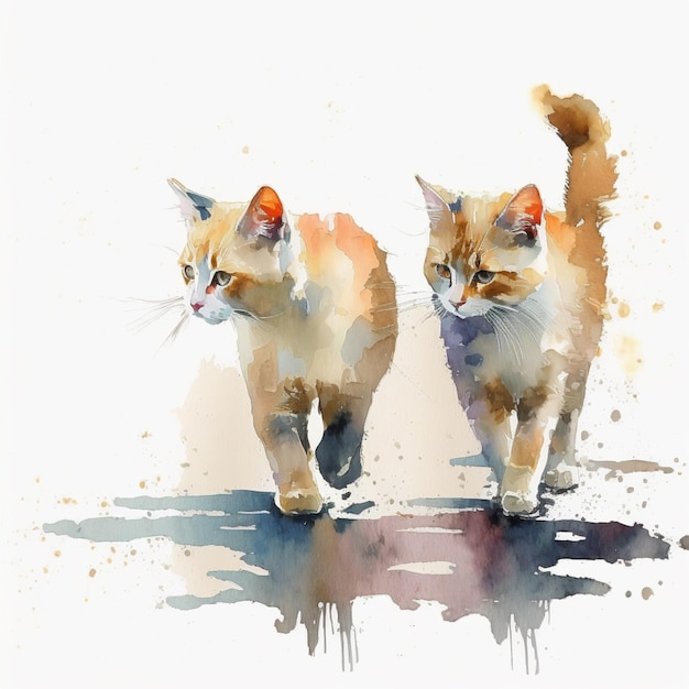 Es gibt zwei Katzen, die Seite an Seite auf einer weißen, generativen Oberfläche laufen