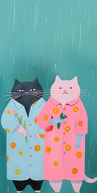 Es gibt zwei Katzen in Regenmänteln, die im Regen stehen