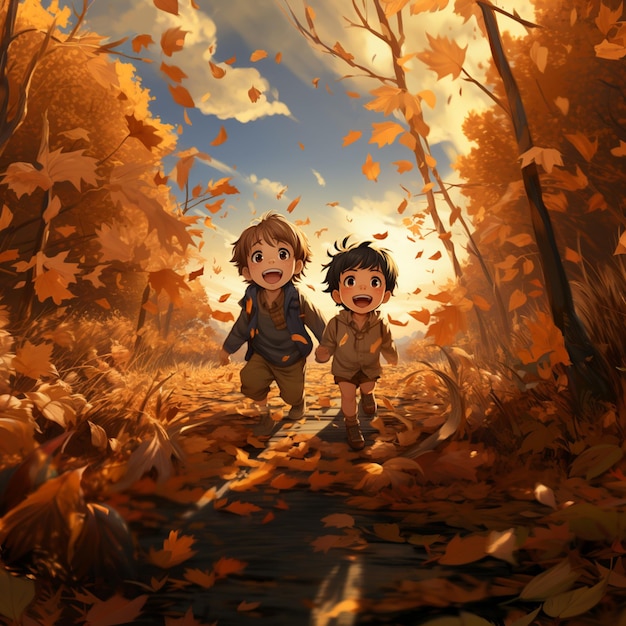 Es gibt zwei Kinder, die durch einen mit Blättern bedeckten Wald gehen.