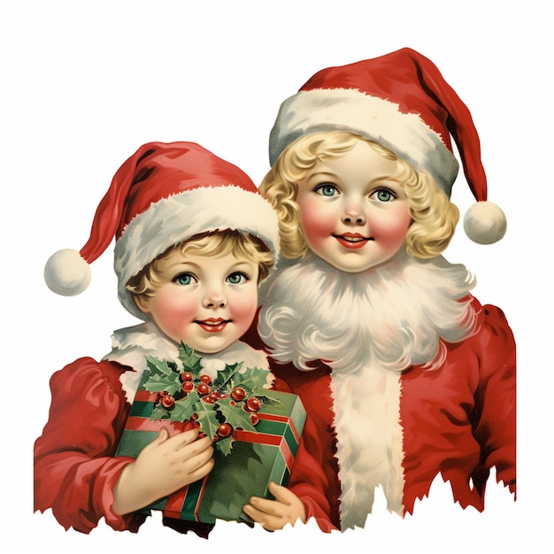 Es gibt zwei Kinder, die in Weihnachtsmannskostüme gekleidet sind und Geschenke in der Hand halten.