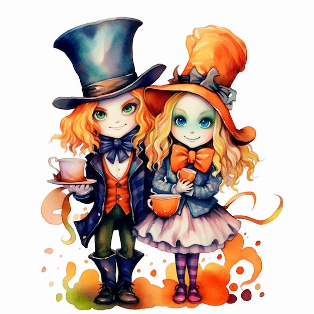 Es gibt zwei kleine Mädchen, die sich als Alice und Mad Hatter verkleidet haben.