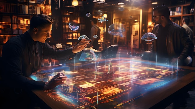Es gibt zwei Männer, die ein Spiel auf einem Tisch mit generativer KI-Blasen spielen