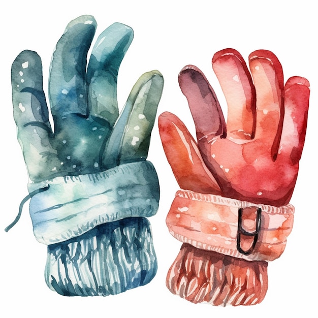 Es gibt zwei Paar Handschuhe, die mit Aquarell-Generativ-KI bemalt sind