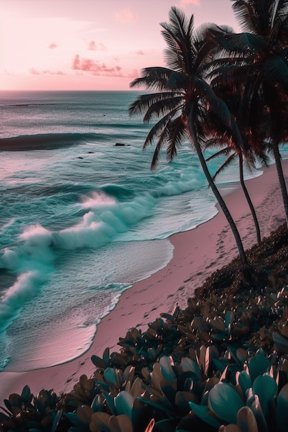 Es gibt zwei Palmen am Strand neben dem Ozean generative ai