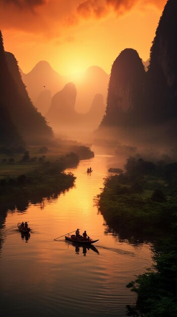 Es gibt zwei Personen in einem Boot auf dem Fluss bei Sonnenuntergang, generative KI