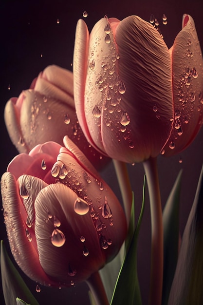 es gibt zwei rosa Tulpen mit Wassertropfen auf ihnen generative ai