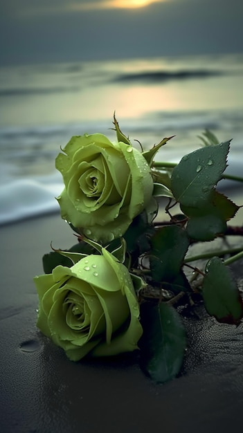 Es gibt zwei Rosen, die auf dem Sand neben der wassererzeugenden Luft sitzen