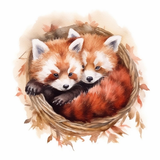 Es gibt zwei rote Pandas, die in einem Korb zusammengekrümmt sind.