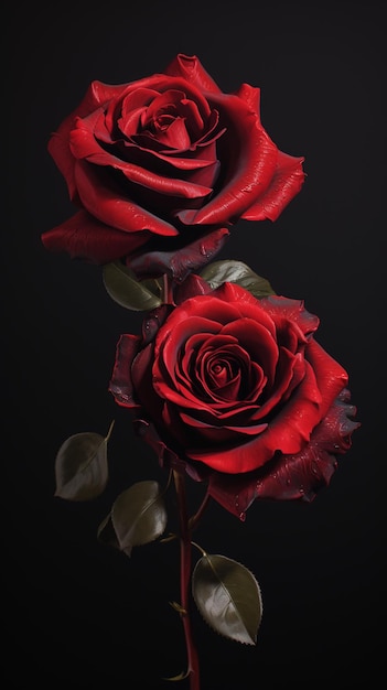 Es gibt zwei rote Rosen, die auf einem generativen Stiel stehen