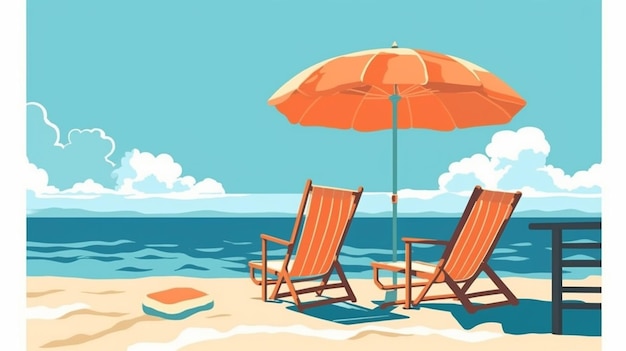 Es gibt zwei Stühle und einen Regenschirm am Strand.