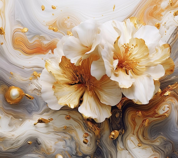 Es gibt zwei weiße Blumen mit goldenen Akzenten auf einer generativen Marmoroberfläche