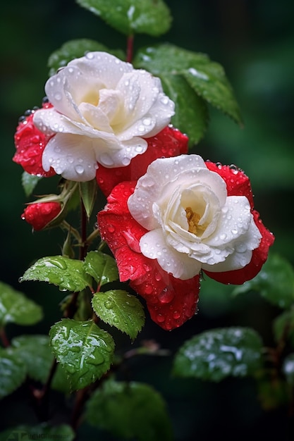 Es gibt zwei weiße und rote Rosen mit Wassertropfen darauf, generative KI