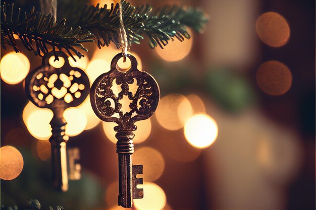 Foto es hängen zwei schlüssel an einem weihnachtsbaum mit lichtern im hintergrund.