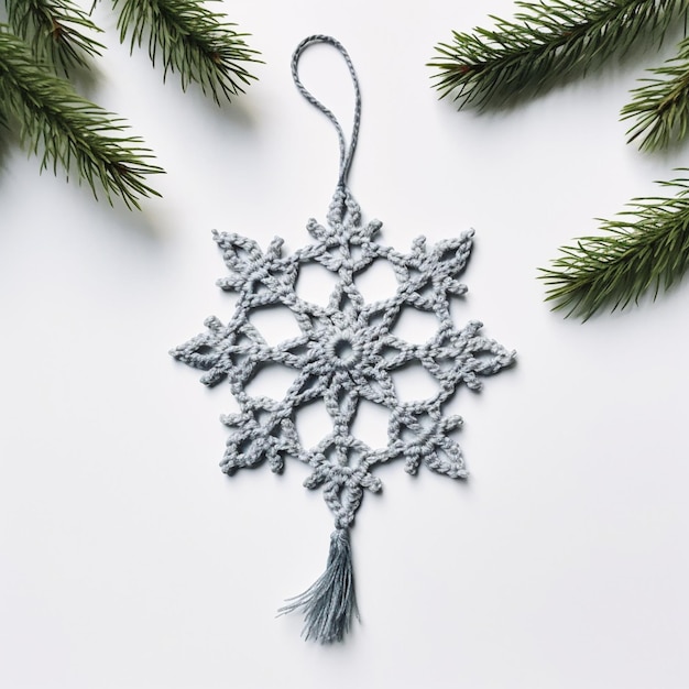 Es hängt ein gehacktes Schneeflocken-Ornament von einem Baum.