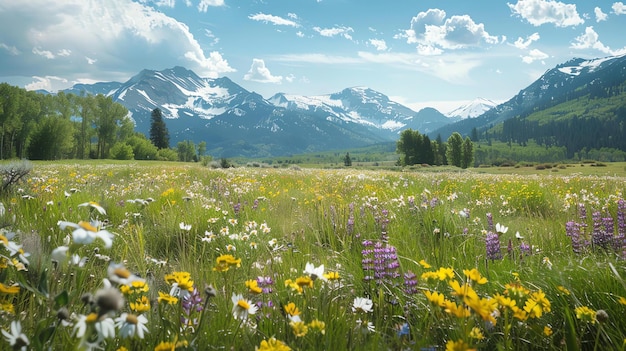 Esta es una hermosa foto de paisaje de un prado de montaña en plena floración
