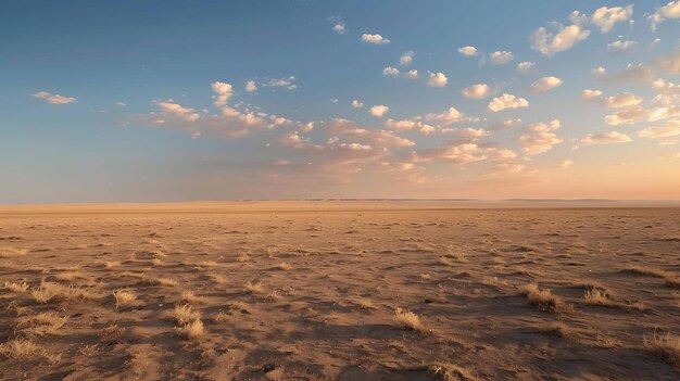 Esta es una hermosa fotografía de paisaje de un desierto al atardecer Los colores cálidos del cielo y las dunas de arena crean una escena pacífica y serena