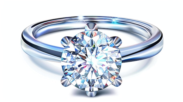 Esta es una hermosa ilustración de un anillo de compromiso de diamante el diamante redondo está en un marco de seis puntas de oro blanco o platino