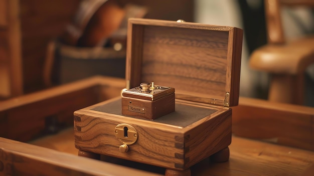 Foto esta es una hermosa imagen de una caja de música de madera. la caja está abierta y un pequeño reproductor de música dorado se sienta dentro.