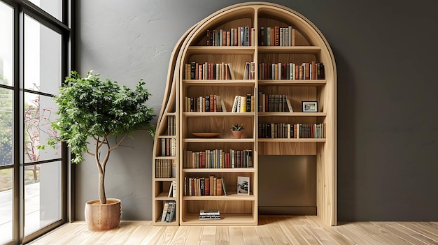 Esta es una hermosa imagen de una estantería de madera llena de libros y plantas. La estantería está frente a una pared gris y hay un árbol al lado.