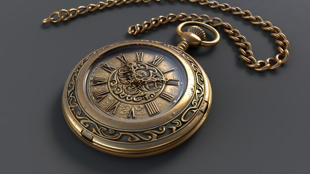 Foto esta es una hermosa imagen de un reloj de bolsillo de oro. el reloj está intrincadamente detallado con un diseño de filigrana y una cadena.