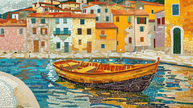 Esta es una hermosa obra de arte en mosaico de una pequeña ciudad en Italia la ciudad se encuentra en la costa y hay un pequeño barco atracado en el puerto