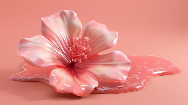 Esta es una hermosa representación en 3D de una flor de hibisco rosa. La flor está sentada en un charco de líquido rosa.