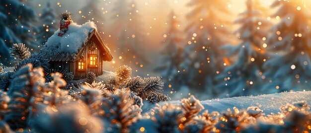 Foto esta es una hermosa tarjeta de navidad con una casa de cuento en el bosque de pinos una ventana de madera fondo nevado una hermosa escena de un bosque de abeto de abeto nevado está en el fondo