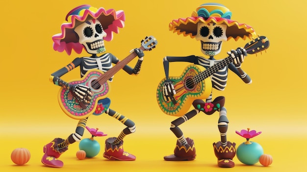 Este es un hermoso día ilustrado en 3D del esqueleto muerto aislado sobre un fondo amarillo uno con una guitarra el otro sin