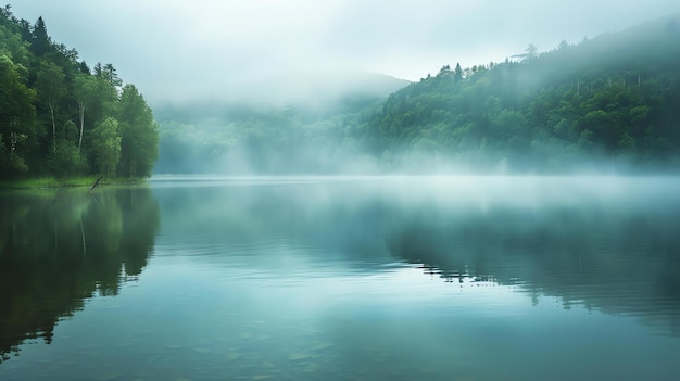 Este es un hermoso lago de niebla por la mañana el agua está tranquila y quieta y los árboles se reflejan en el agua